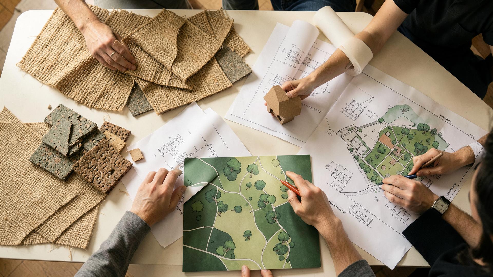 Hands working together over material samples, architectural drawings and a site plan